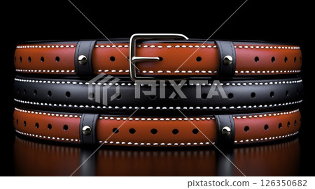 Two distinct leather belts, one red with white stitching and one black, are displayed side by side against a dark background, highlighting their stylish design and craftsmanship. 126350682