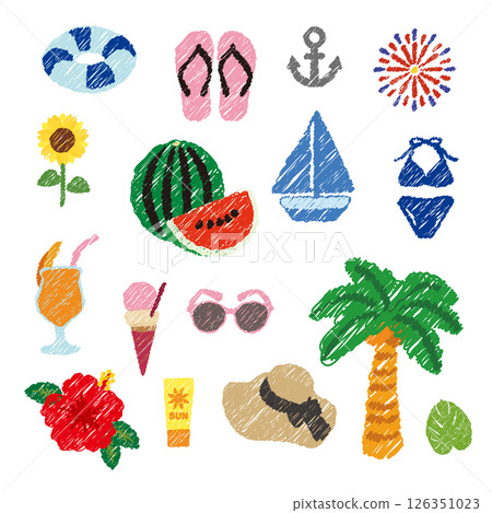 Summer material, summer vacation, hand-drawn style, icon 126351023
