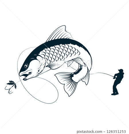Big fish catch and fisherman with fishing rod. Design for fishing and fish food 126351253