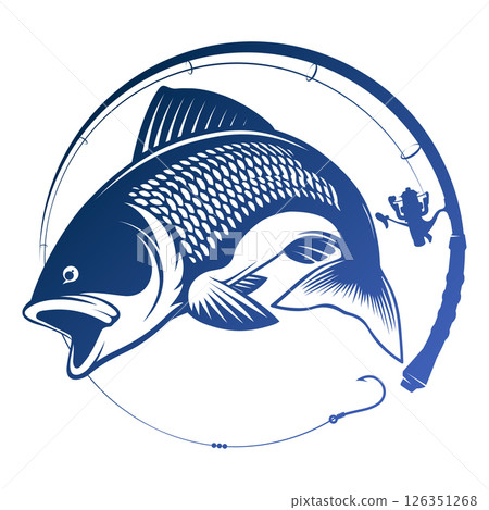 Fish catch and fishing rod with tackle round banner 126351268