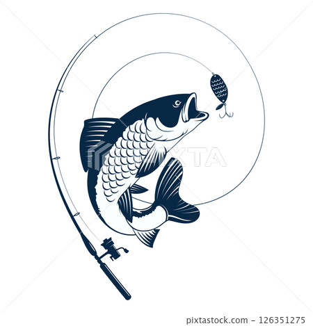 Fish jumping for bait on fishing rod. Fishing and fish food sign 126351275