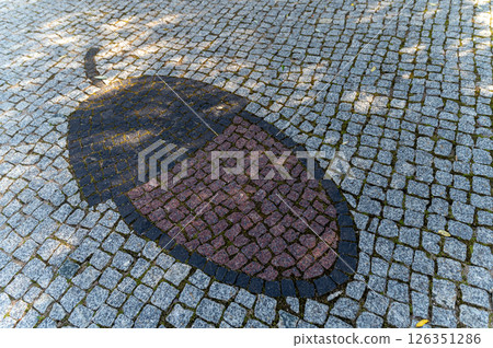 A decorative pathway showcases intricate acorn designs amidst vibrant greenery. 126351286