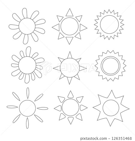 Sun icon set. Outline, line art. Vector flat illustration. 126351468