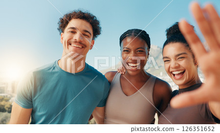 Happy people, portrait and fitness with selfie in nature for workout, exercise or memory together. Active, group or friends with smile in joy for photography, capture moment or health and wellness Happy people, portrait and fitness with selfie in nature for workout, exercise or memory together. Active, group or friends with smile in joy for photography, capture moment or health and wellness 126351652