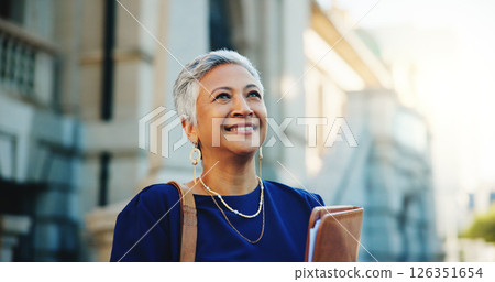 Lawyer, documents and thinking with business woman in city for court case files, trial assessment and attorney brief. Plead agreement, legal research and advocate paperwork with mature person outdoor Lawyer, documents and thinking with business woman in city for court case files, trial assessment and attorney brief. Plead agreement, legal research and advocate paperwork with mature person outdoor 126351654