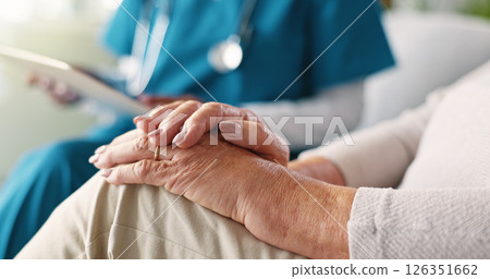 Nurse, hands or senior patient with medical results for healthcare or consultation at retirement home. Closeup, doctor or caregiver with person for elderly care, assisted living or diagnosis at house 126351662