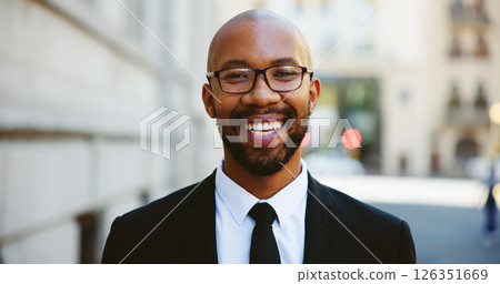City, black man and portrait with smile for travel, professional career and attorney with confidence. Happy, male person and business lawyer in urban for law firm, legal aid and commute in morning 126351669
