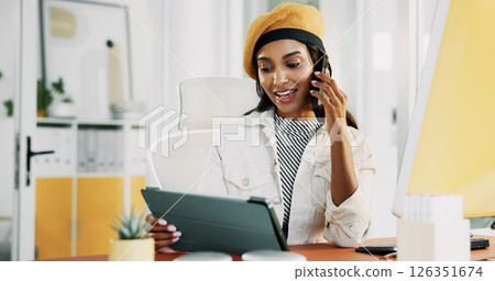 Creative, woman and phone call with tablet in office for discussion, schedule interview and story chat. Journalist, conversation and digital of news report, contact information and publication agenda 126351674