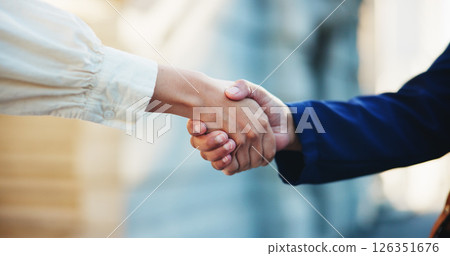 Teamwork, business people and handshake in city for agreement, real estate deal or sale. Closeup, shaking hands and partnership for property investment, collaboration together and thank you outdoor Teamwork, business people and handshake in city for agreement, real estate deal or sale. Closeup, shaking hands and partnership for property investment, collaboration together and thank you outdoor 126351676