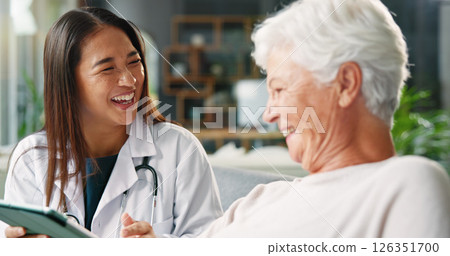 Laughing, doctor and smile for senior patient, good news and treatment plan for illness, women and info. Happy, medical professional and diagnosis for elderly person in hospital, results and checkup Laughing, doctor and smile for senior patient, good news and treatment plan for illness, women and info. Happy, medical professional and diagnosis for elderly person in hospital, results and checkup 126351700