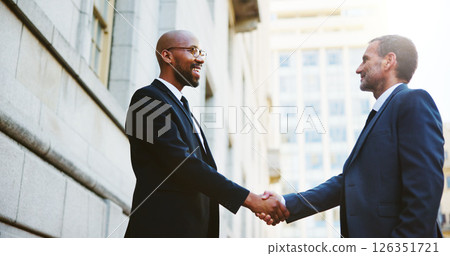 Happy, business people or men in city, handshake or agreement with B2B deal. Contract, employees or outdoor with thank you, shaking hands or welcome with greeting, hello or partnership with smile Happy, business people or men in city, handshake or agreement with B2B deal. Contract, employees or outdoor with thank you, shaking hands or welcome with greeting, hello or partnership with smile 126351721