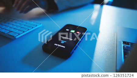 Incoming call, alert or office with phone screen with private number or icon for phishing scam contact. Person, night and hacker with mobile connection, user display and technology for stalker ID 126351724