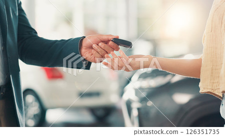 Car showroom, salesman and customer with hands for keys, test drive or success purchase of motor. Dealership, people or giving equipment in closeup for buying vehicle, rental service or auto by flare 126351735