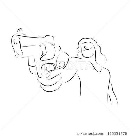 smiling man holding pistol gun to shoot illustration vector hand drawn with black lines isolated on white background. 126351776