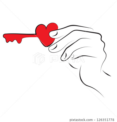 closeup hand holding red love key illustration vector hand drawn with black lines isolated on white background. 126351778