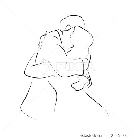 bride and groom hugging on their wedding illustration vector hand drawn with black lines isolated on white background. 126351781