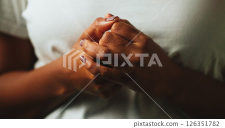 Hands clasped, depression and woman with anxiety, fear or thinking of mental health challenge. Closeup, stress or person worry for psychological trauma, crisis or nervous abuse victim with loneliness Hands clasped, depression and woman with anxiety, fear or thinking of mental health challenge. Closeup, stress or person worry for psychological trauma, crisis or nervous abuse victim with loneliness 126351782