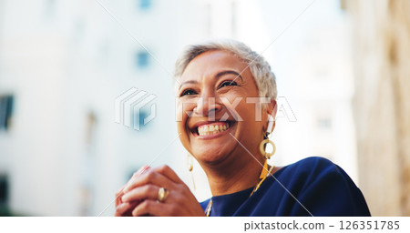Mature businesswoman, happy and thinking in city with reflection, insight and low angle in street. Person, smile and excited for inspiration, perspective or decision on commute to workplace in Mexico Mature businesswoman, happy and thinking in city with reflection, insight and low angle in street. Person, smile and excited for inspiration, perspective or decision on commute to workplace in Mexico 126351785