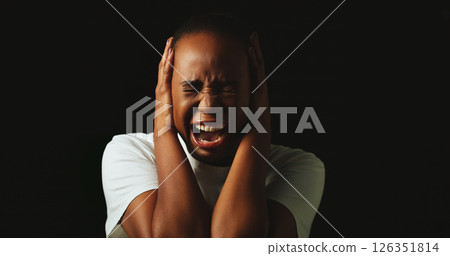 Woman, screaming and sad with stress in studio, panic or mental health by black background. African person, anxiety and shouting with depression, frustrated or mockup space with trauma, ptsd and dark 126351814