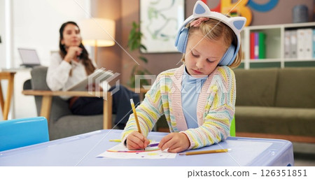 Sketch, kid and psychology with woman in office for consulting, child development and art therapy. Education therapist, advice and mental health evaluation with person and girl in clinic for exam 126351851