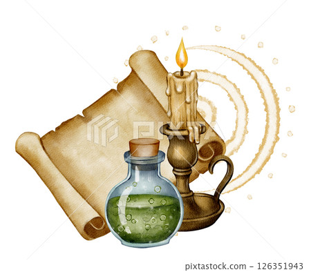 Vintage scroll, candle and potion bottle illustration 126351943