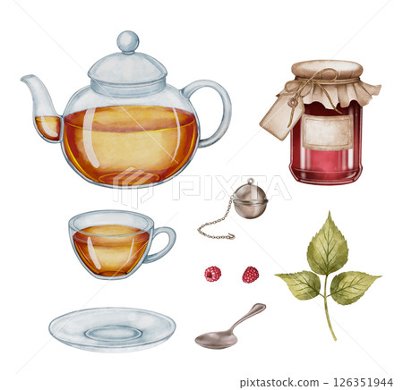 Tea set with jam and leaves 126351944