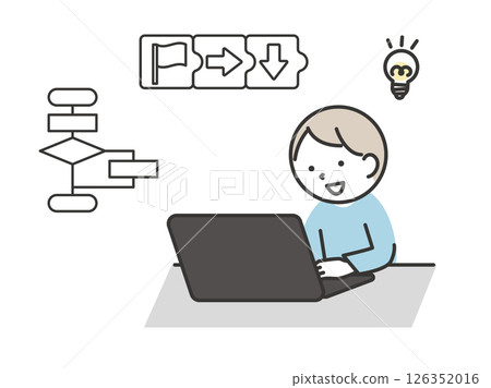 Illustration of a boy programming on a computer - Simple and cute expression useful for IT learning and STEM education Illustration of a boy programming on a computer - Simple and cute expression useful for IT learning and STEM education 126352016