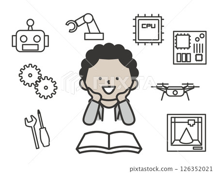 一個男孩正在學習機器人和無人機的插圖。可愛的學習場景，培養對未來科技的興趣。 126352021