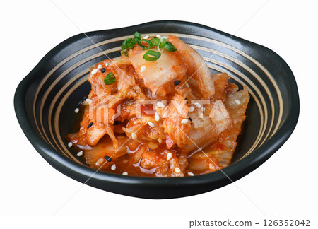 Korean kimchi cabbage in black-striped bowl Korean kimchi cabbage in black-striped bowl 126352042