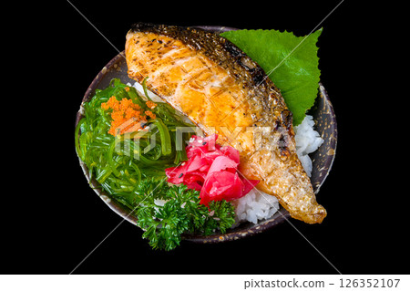 Grilled salmon rice bowl with vegetables 126352107