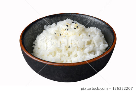 Bowl of white rice with sesame seeds on white background Bowl of white rice with sesame seeds on white background 126352207