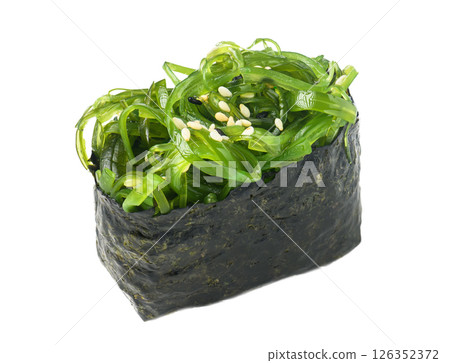 Seaweed gunkan sushi with sesame seeds on white background Seaweed gunkan sushi with sesame seeds on white background 126352372