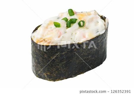 Crab stick salad gunkan sushi with mayo and chives Crab stick salad gunkan sushi with mayo and chives 126352391