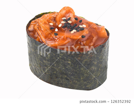 Spicy salmon gunkan sushi with sesame seeds on white background Spicy salmon gunkan sushi with sesame seeds on white background 126352392