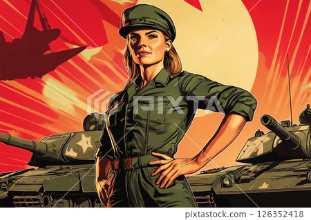 Female tanker in full combat gear poses in front of a modern tank, styled in bold pin-up poster fashion with strong patriotic energy 126352418