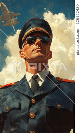 Bold advertising poster featuring male soldier in tanker gear and helmet posing with confidence before a tank, styled with heroic tone, vintage grit, and national pride 126352420