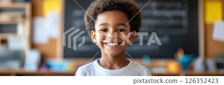 Smiling Afroamerican boy in a sunlit classroom with a chalkboard behind, captured in a bright and cheerful commercial scene, banner 126352423
