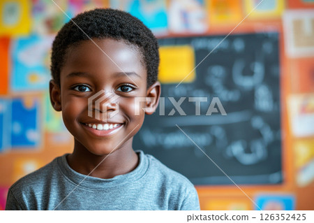 A cheerful Afroamerican young boy is smiling warmly in a classroom setting. Behind him, a vibrant chalkboard is filled with colorful artwork and notes, showcasing a lively learning environment 126352425