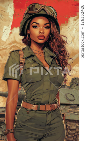 Stylish pin-up image of a proud Afroamerican male soldier in tanker gear, posing with a modern tank behind him in a bold, empowering scene 126352426