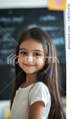 Smiling Arabian girl in a vibrant classroom engaging with learning activities during daytime in a colorful setting 126352430