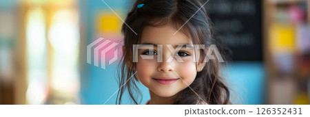 Smiling Arabian girl with dark hair turned halfway, gazing into the lens in a sunlit classroom with a chalkboard in the background, banner 126352431