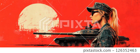 Pin-up poster of strong female tanker with combat tank behind her, styled with muted colors to convey bold, stylish, and patriotic power, banner 126352463