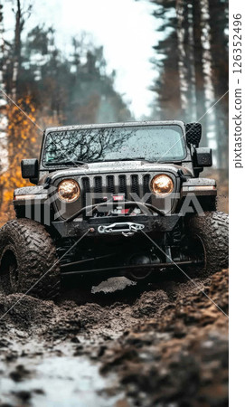 Off-road truck stuck in thick mud, winch engaged, battling rough terrain in a high-stakes off-road challenge 126352496