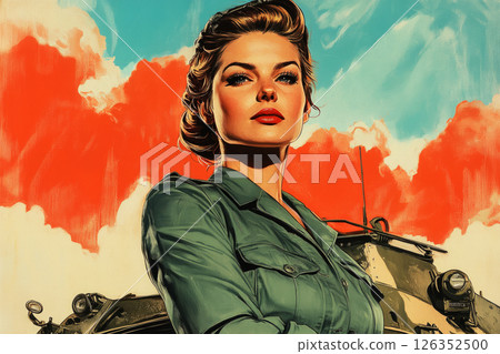 Retro poster of woman in camo uniform before combat vehicle, blending 1950s style with heroic pride and military grit 126352500