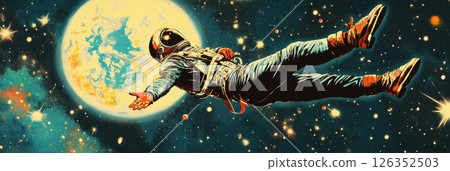 A vibrant and nostalgic 1950s-style pin-up poster featuring an astronaut in a futuristic spacesuit, floating in the starry expanse of space with Earth below 126352503