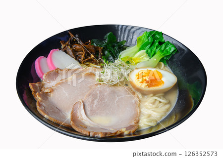 Japanese chashu ramen with egg, sprouts, and greens in clean bowl Japanese chashu ramen with egg, sprouts, and greens in clean bowl 126352573