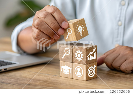 strategic planning and skill development visualization, corporate training concept with innovation building blocks strategic planning and skill development visualization, corporate training concept with innovation building blocks 126352696