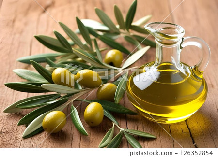 瓶中的橄欖枝、果實、葉子和橄欖油 瓶中的橄欖枝、果實、葉子和橄欖油 126352854