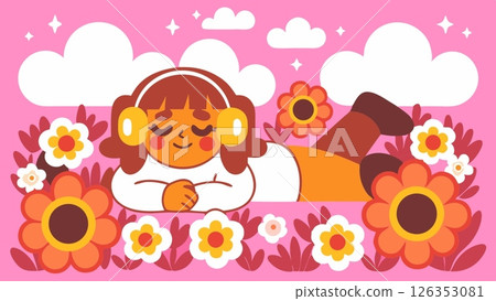 Background Lo-fi music Anime cartoon with flowers grass field Sunburst Pop 126353081