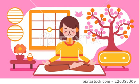 Background image with Lo-if music beautiful girl meditating doing yoga cute and minimal with trees Sunburst Pop 126353309